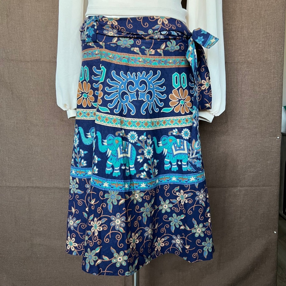 Boho Elephant Print Cotton Wrap Skirt Navy Blue Teal Floral Nepal Festival